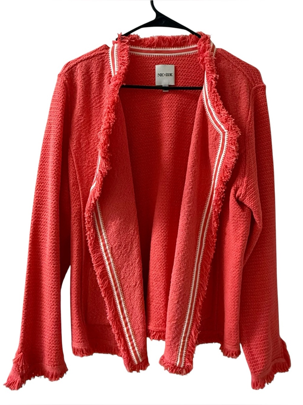 NIC+ZOE Ribbon Trim Fringe Knit Jacket Coral Red Textured Blazer XL